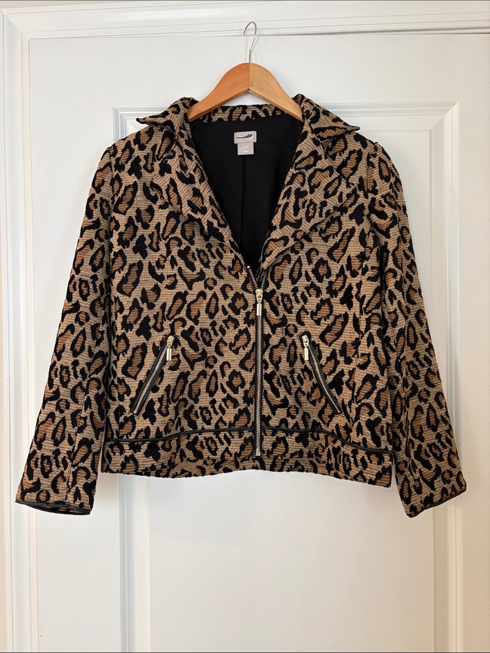 Chico's Leopard Print Zip Front Jacket in Tan and Black